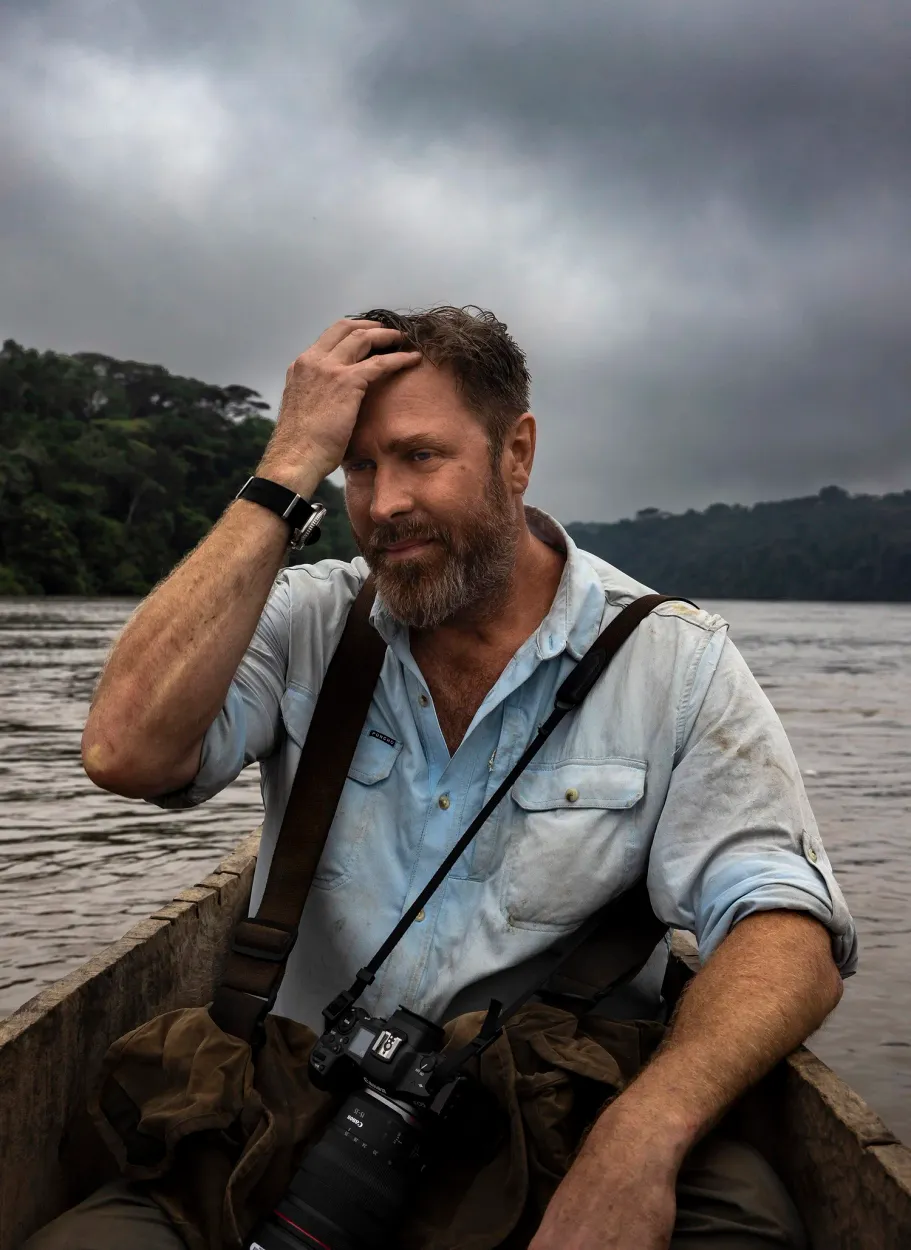 Portrait of Brent Stirton with a camera, seated in a wooden canoe on a river under storm clouds