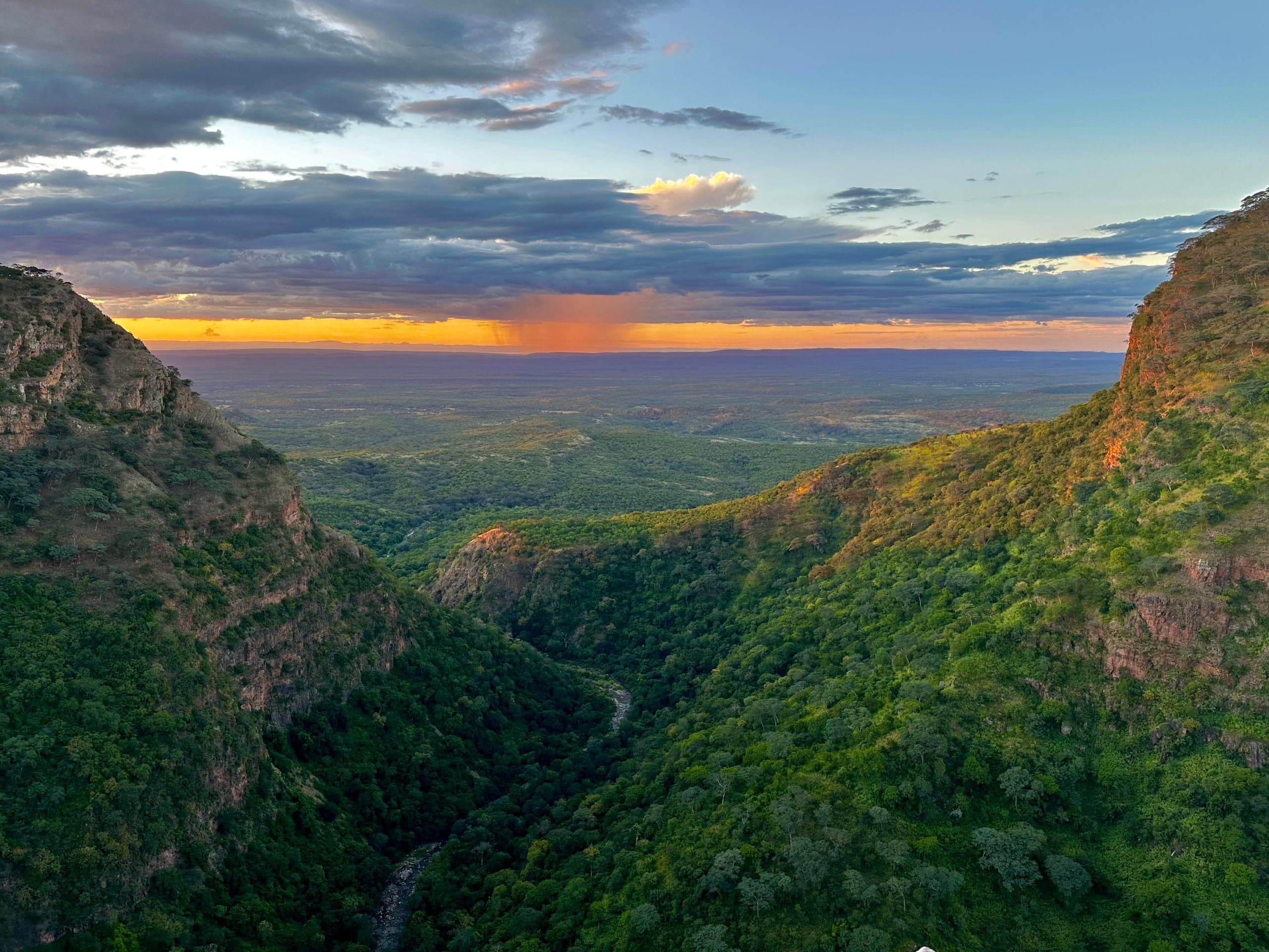 Sunset over a forested valley in the Chizarira ecosystem, with a river winding through the canopy below