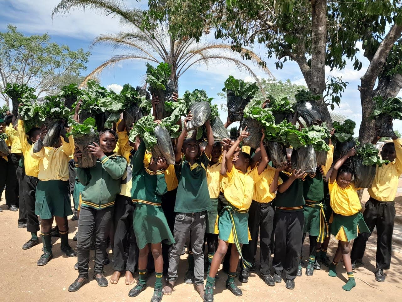 Schoolchildren holding up freshly harvested leafy greens
