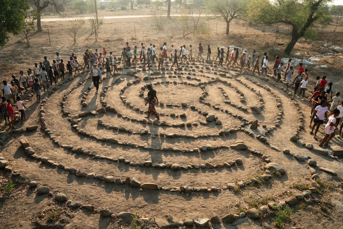 A walking labyrinth laid out in the grounds of a school near Manyeleti