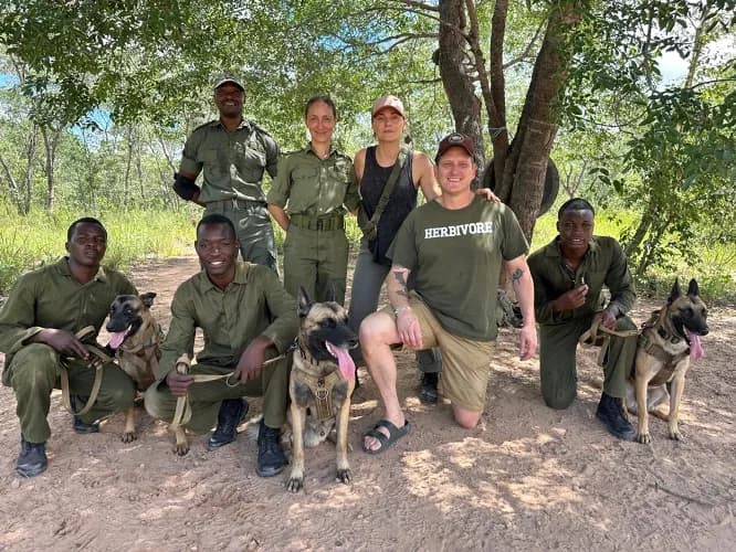 A K9 unit handler working with a tracking dog in Chizarira National Park